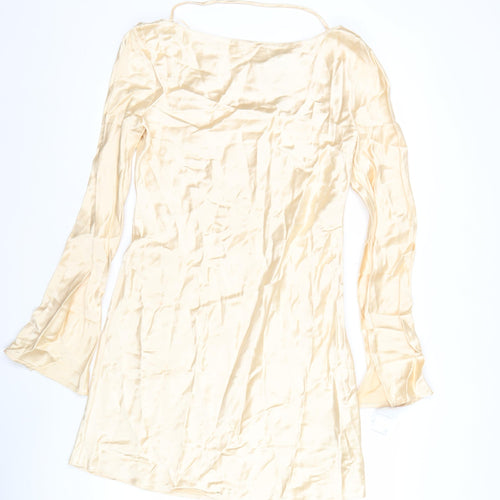 Zara Women Beige Midi Slip Dress Long Sleeve Viscose Stretch L