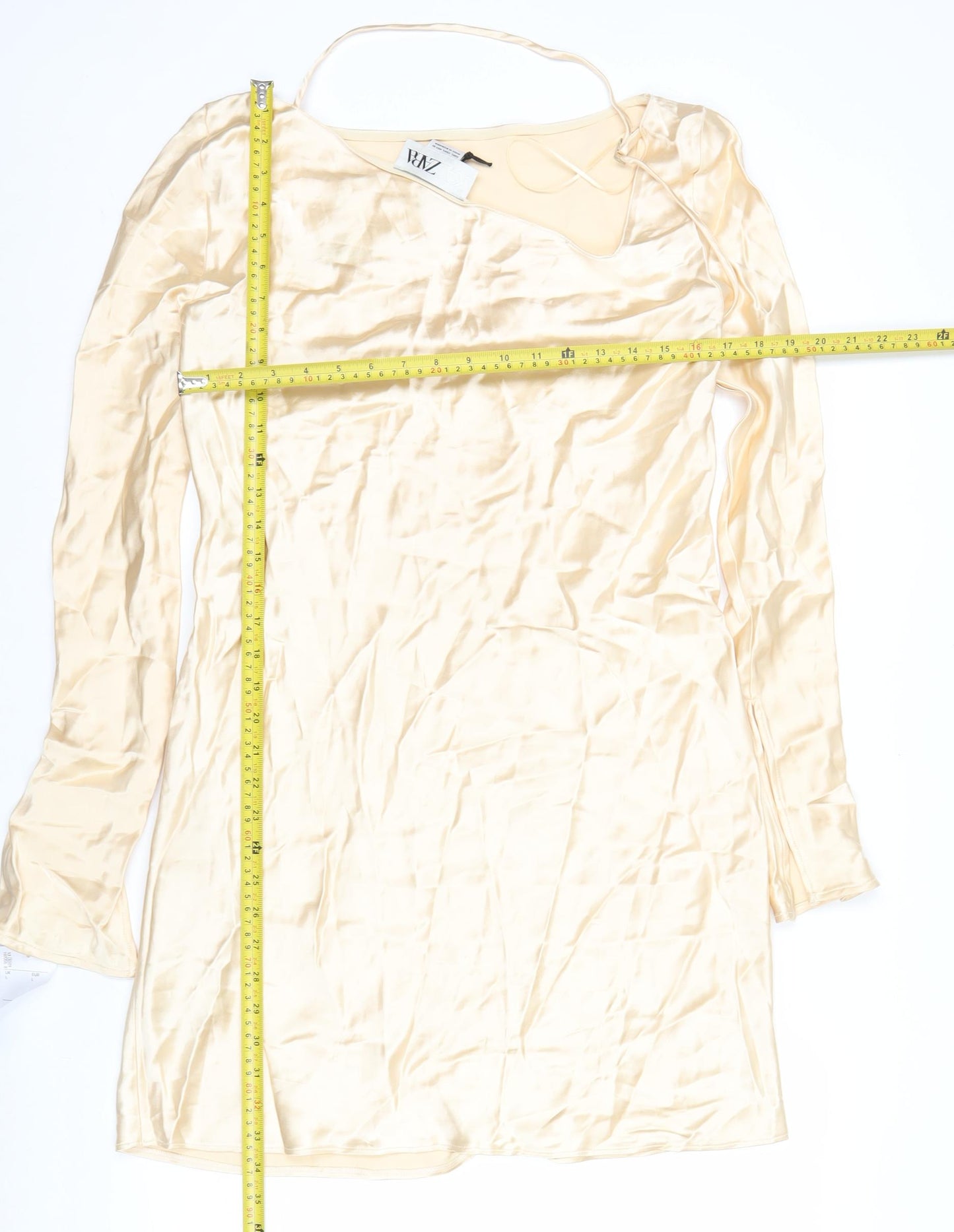 Zara Women Beige Midi Slip Dress Long Sleeve Viscose Stretch L