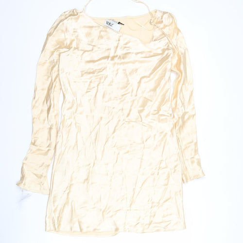 Zara Women Beige Midi Slip Dress Long Sleeve Viscose Stretch L