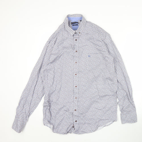 Giordano Men’s Blue Geometric Button-Up Shirt L Regular Fit Cotton
