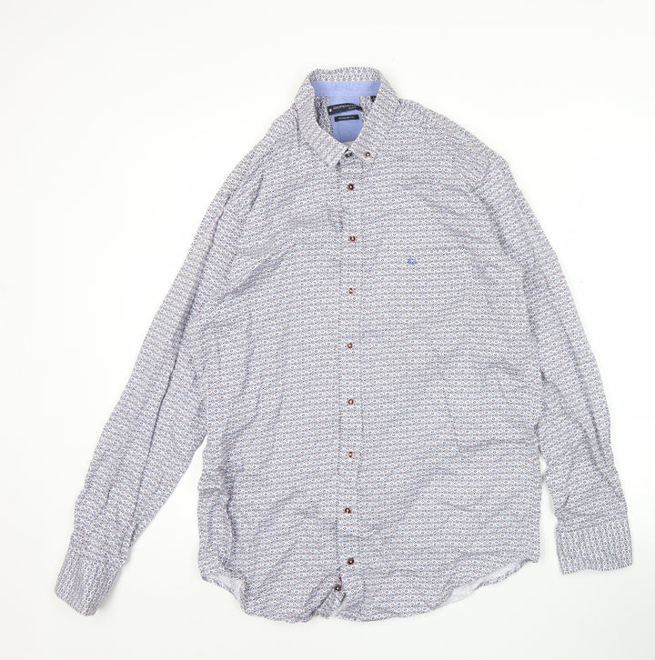 Giordano Men’s Blue Geometric Button-Up Shirt L Regular Fit Cotton