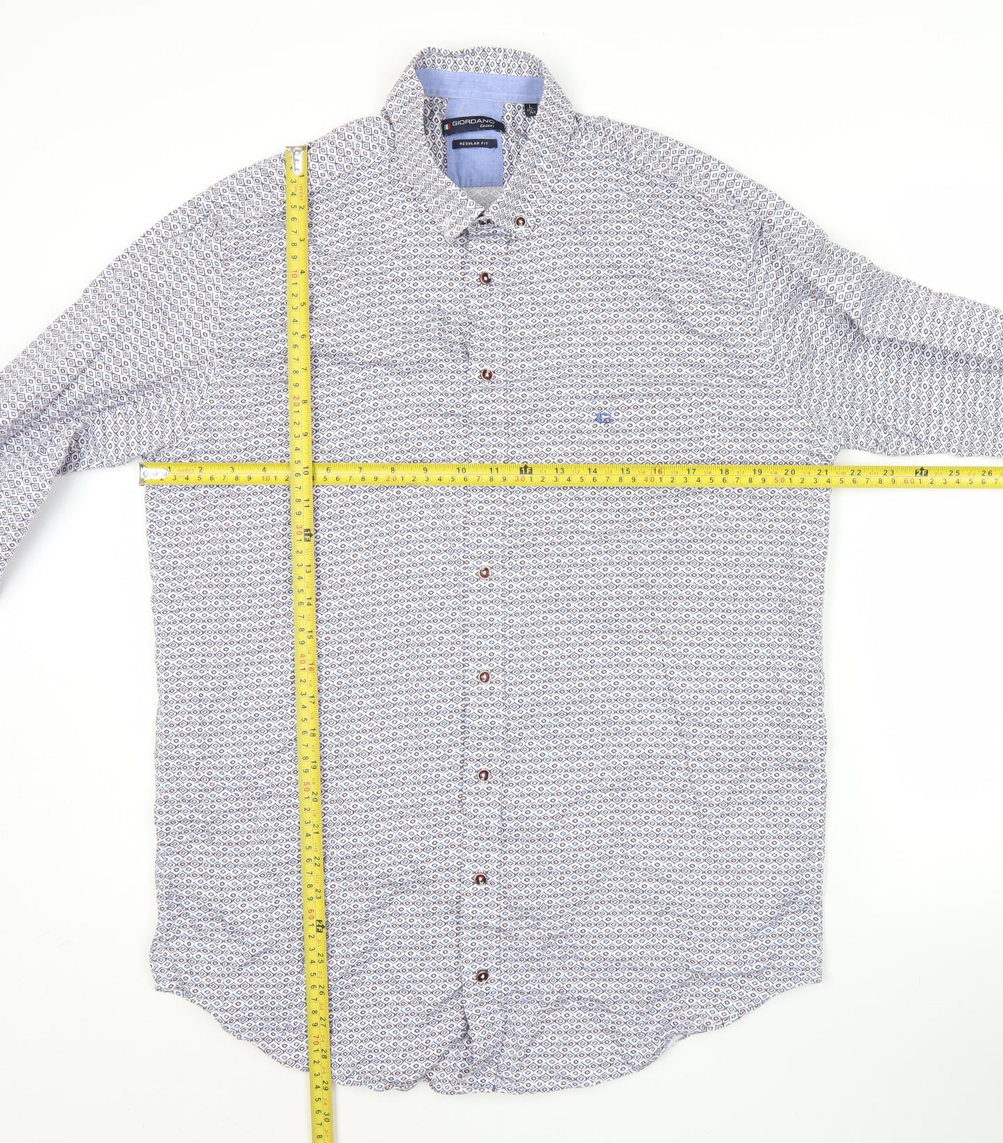 Giordano Men’s Blue Geometric Button-Up Shirt L Regular Fit Cotton