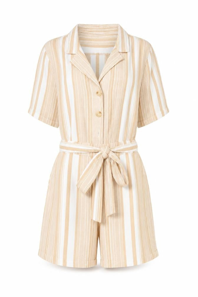 Front view of Dizzy Lizzy Women’s Beige Striped Cotton Playsuit, size M