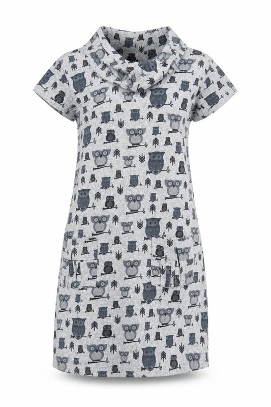 Front view of Stella Women’s Grey Owl Print Casual T-Shirt Dress, size UK 10