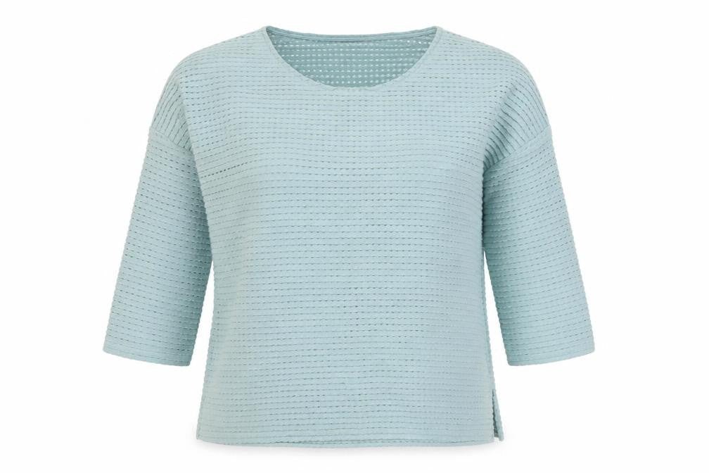 Front view of French Connection women’s blue 3/4 sleeve basic stretch top, size S