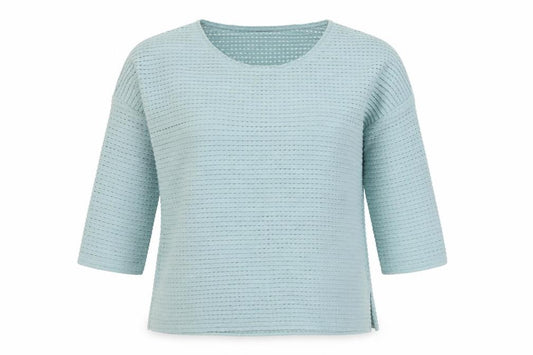 Front view of French Connection women’s blue 3/4 sleeve basic stretch top, size S