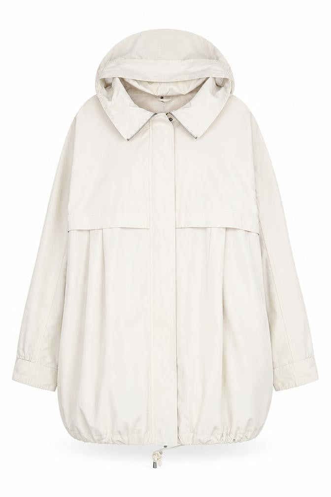 Front view of Couchel women’s beige parka jacket l hooded mid-length casual