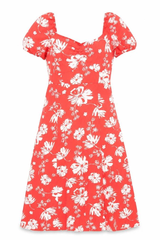 Diesel Women Red Floral Midi Dress XL A-Line Puff Sleeve Summer