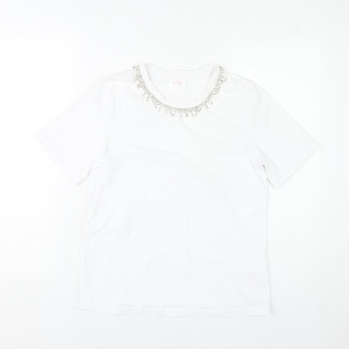 Savida Womens White Beaded Neck T-Shirt Size 12 Short Sleeve
