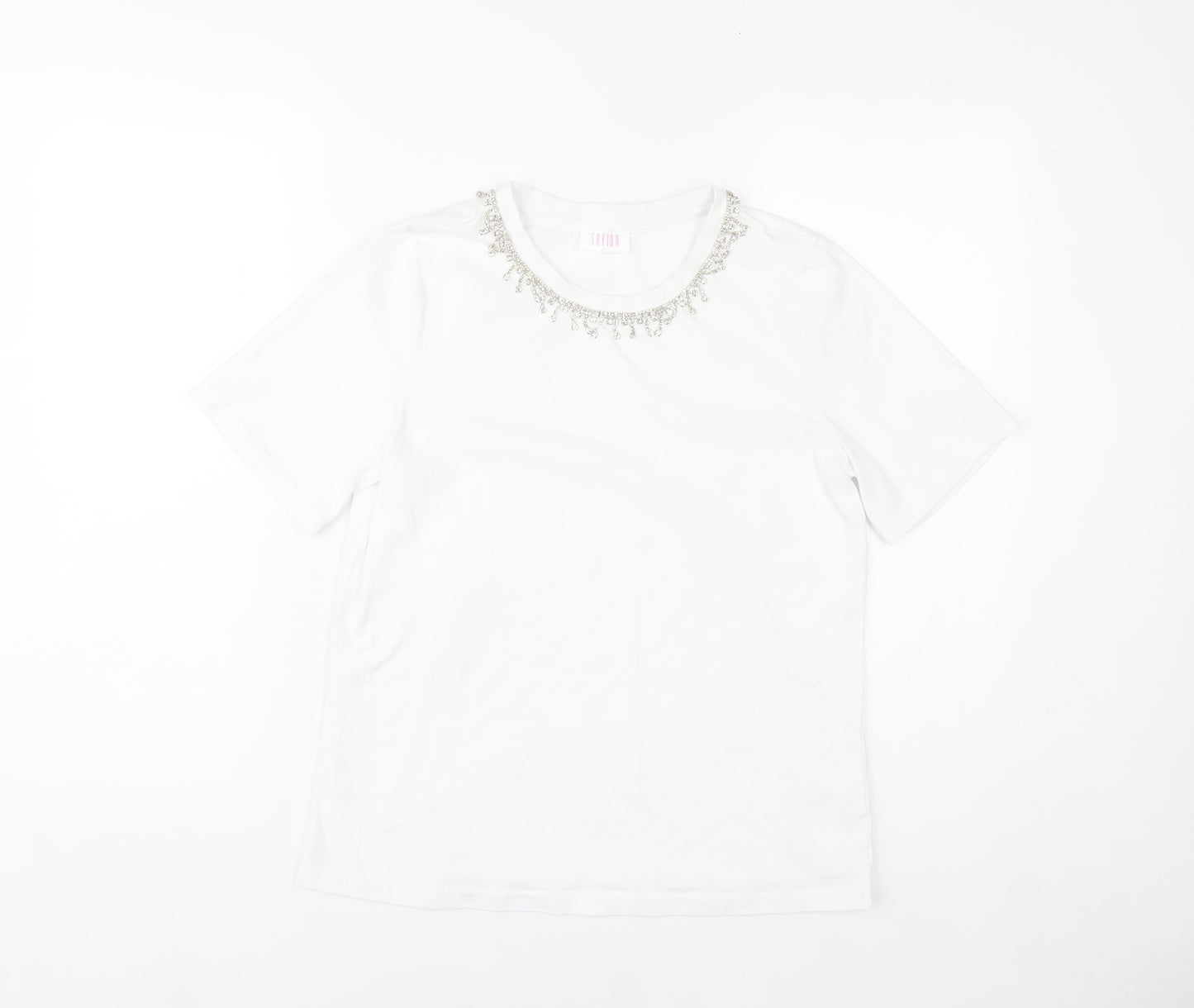 Savida Womens White Beaded Neck T-Shirt Size 12 Short Sleeve