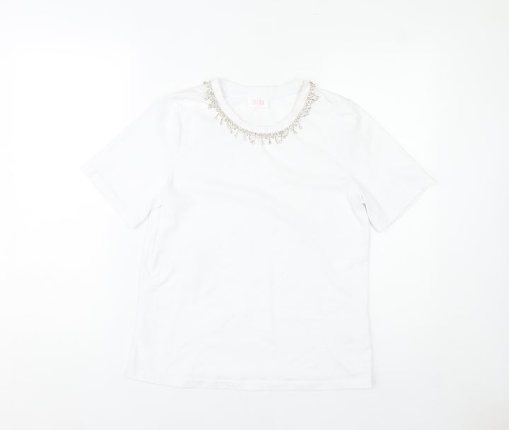 Savida Womens White Beaded Neck T-Shirt Size 12 Short Sleeve