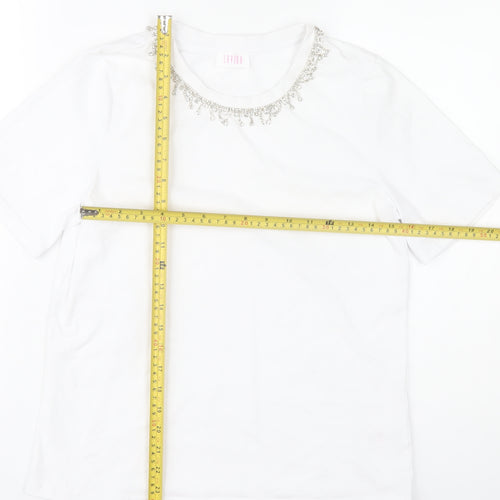 Savida Womens White Beaded Neck T-Shirt Size 12 Short Sleeve