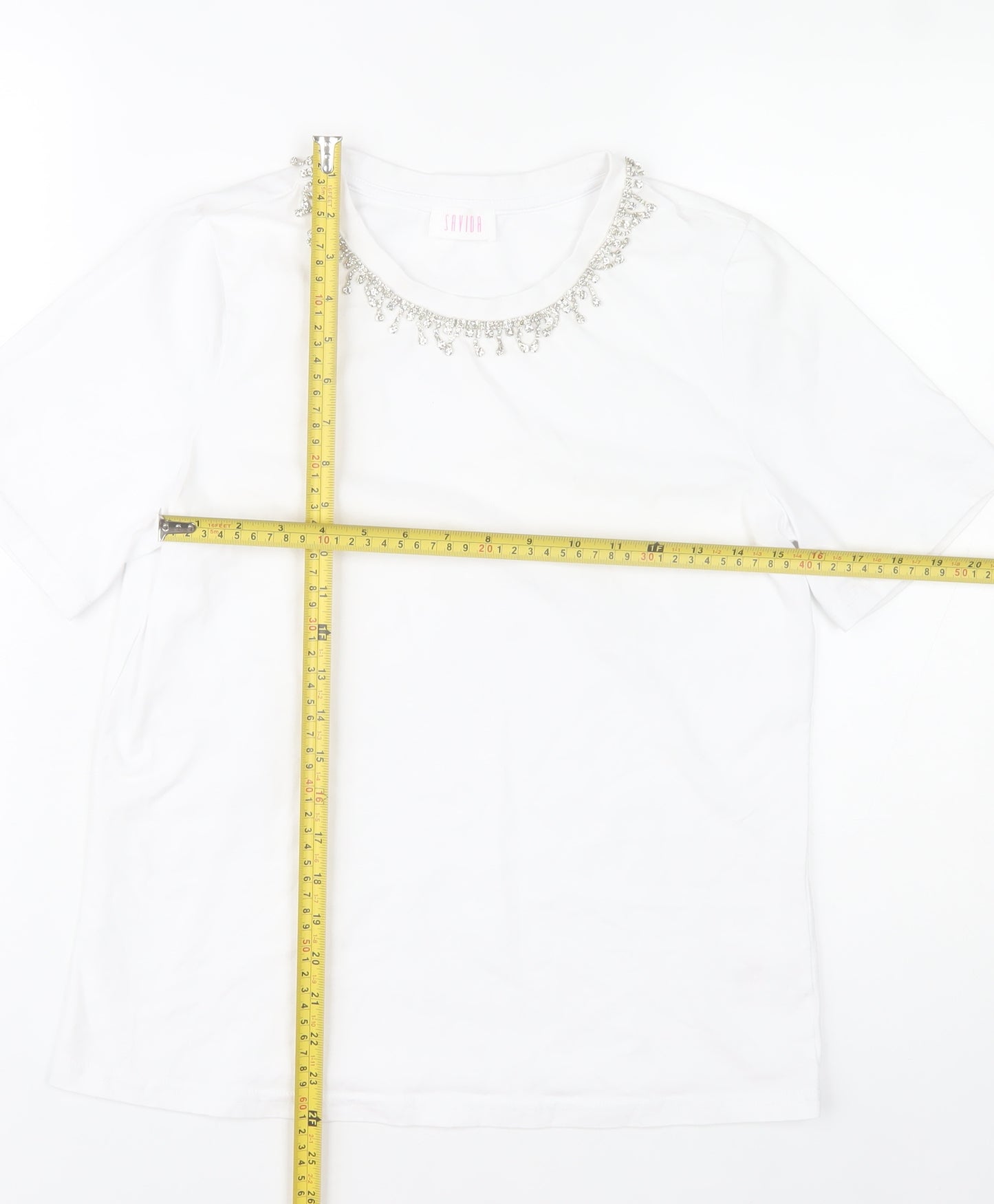 Savida Womens White Beaded Neck T-Shirt Size 12 Short Sleeve