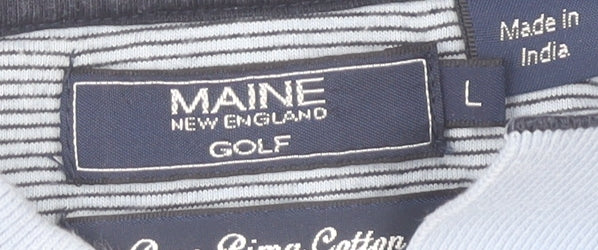 Maine New England Men's Blue Striped Cotton Polo Shirt L