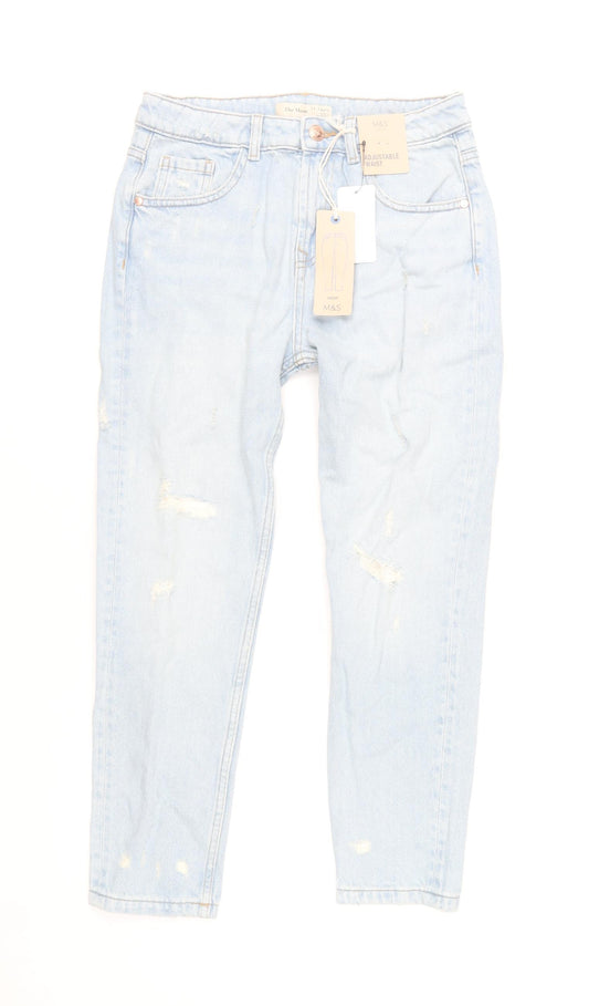 Marks and Spencer Girls Blue Ripped Straight Jeans 11-12Y Adjustable Waist