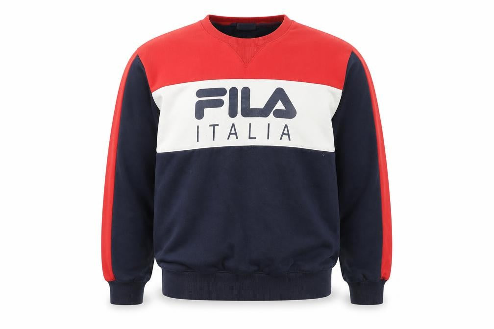 Front view of Fila Men’s Blue Red White Pullover Sweatshirt, size L, Crew Neck