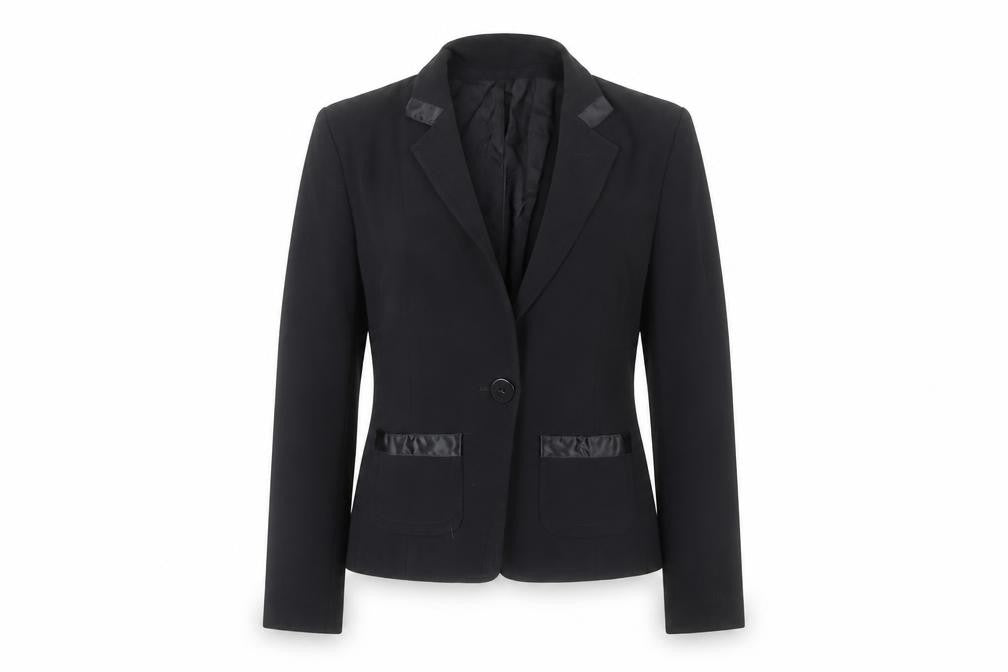 Front view of Pied A Terre women’s black blazer jacket, size UK 12, single breasted notch lapel
