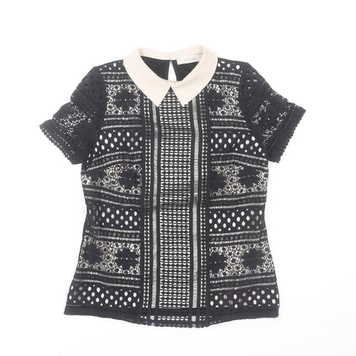 Oasis Women’s Black Collared Lace Blouse Size 8 Short Sleeve
