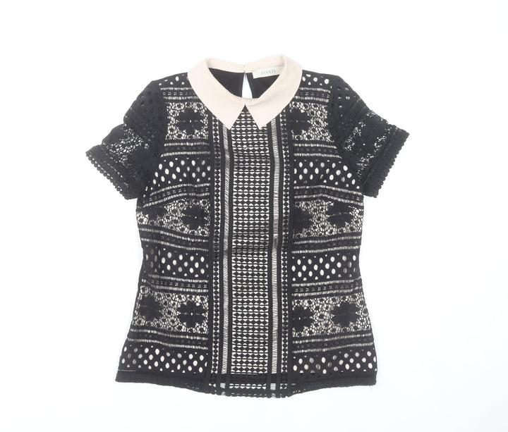 Oasis Women’s Black Collared Lace Blouse Size 8 Short Sleeve