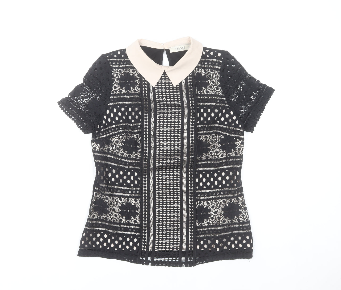 Oasis Women’s Black Collared Lace Blouse Size 8 Short Sleeve