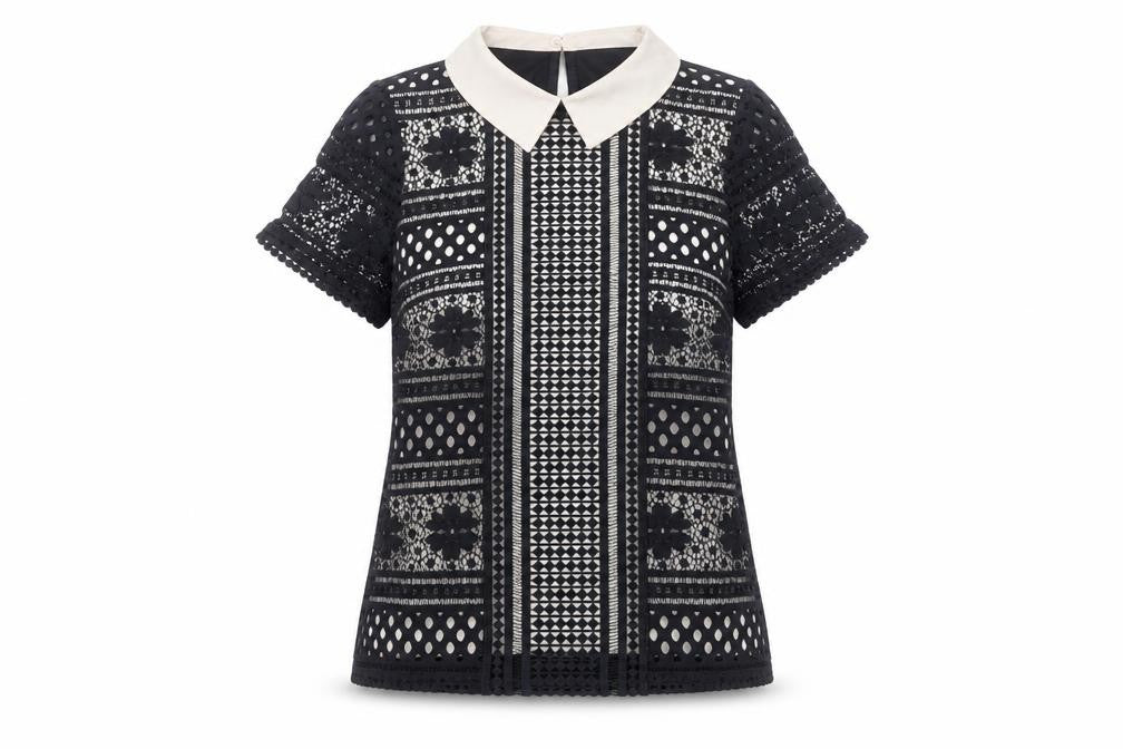 Front view of Oasis Women’s Black Collared Lace Blouse, size UK 8, Short Sleeve