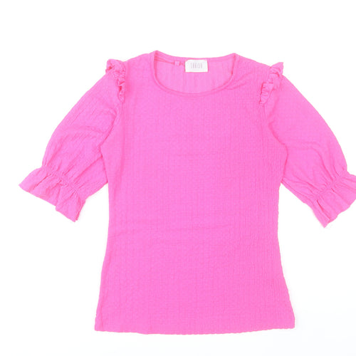 Savida Womens Pink Ruffle Blouse 2XS Round Neck 3/4 Sleeve
