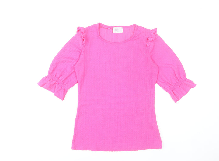 Savida Womens Pink Ruffle Blouse 2XS Round Neck 3/4 Sleeve