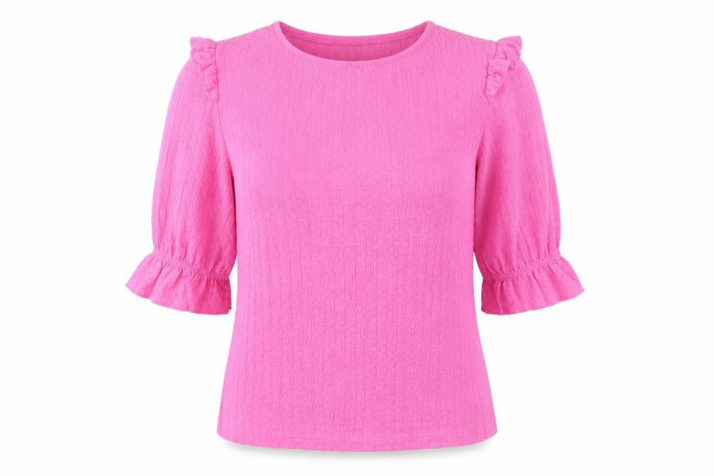 Front view of Savida women’s pink ruffle blouse 2xs round neck 3/4 sleeve