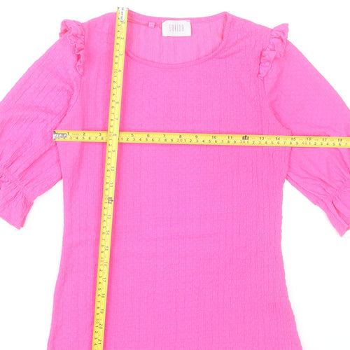 Savida Womens Pink Ruffle Blouse 2XS Round Neck 3/4 Sleeve