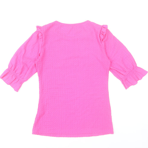 Savida Womens Pink Ruffle Blouse 2XS Round Neck 3/4 Sleeve