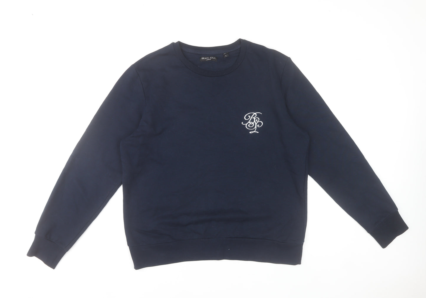 Brave Soul Mens Blue Sweatshirt L Pullover Crew Neck Logo Embroidered