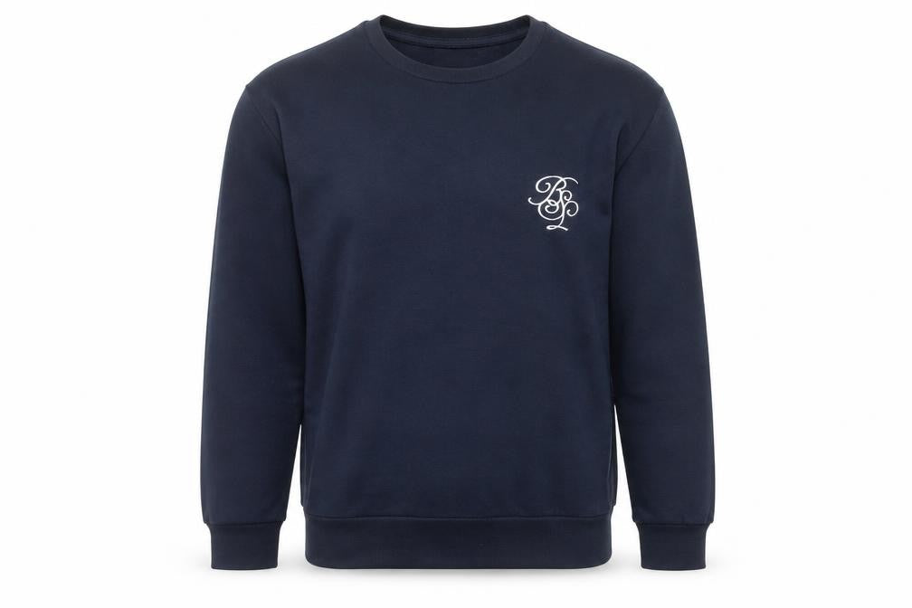 Front view of Brave Soul men’s blue sweatshirt l pullover crew neck logo embroidered