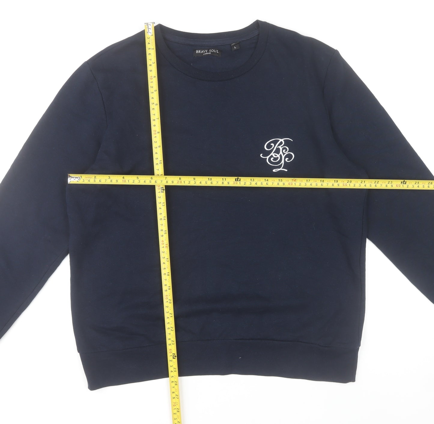 Brave Soul Mens Blue Sweatshirt L Pullover Crew Neck Logo Embroidered