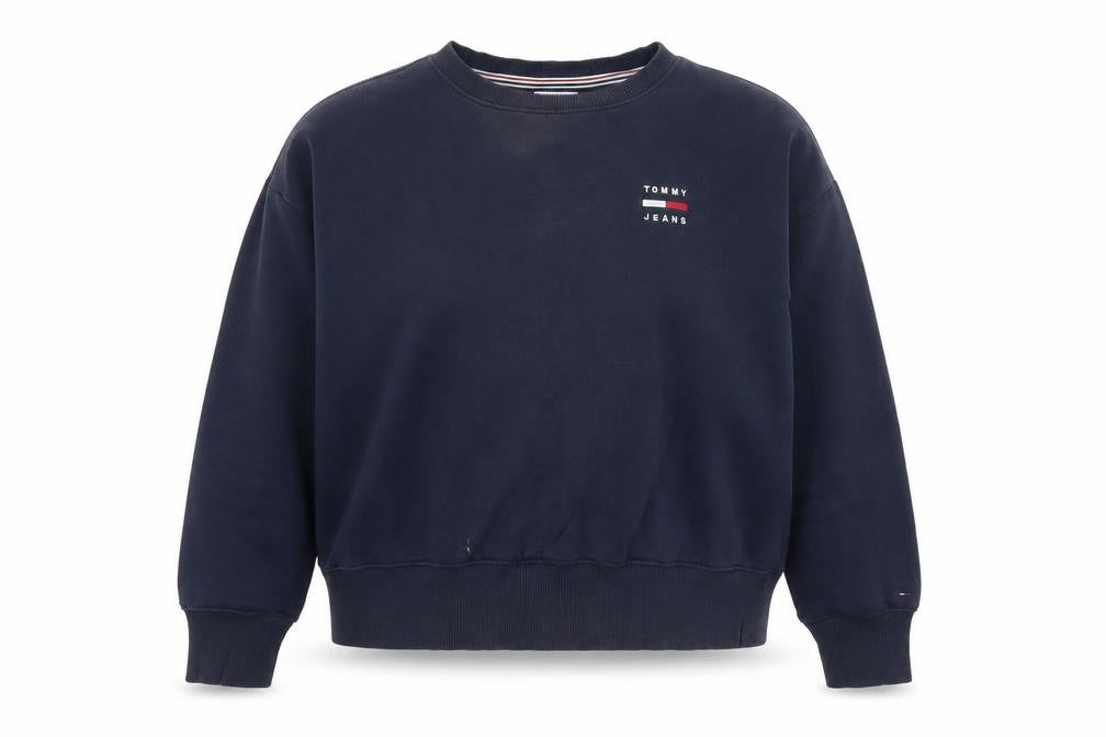 Front view of Tommy Jeans women’s blue pullover sweatshirt m logo crew neck