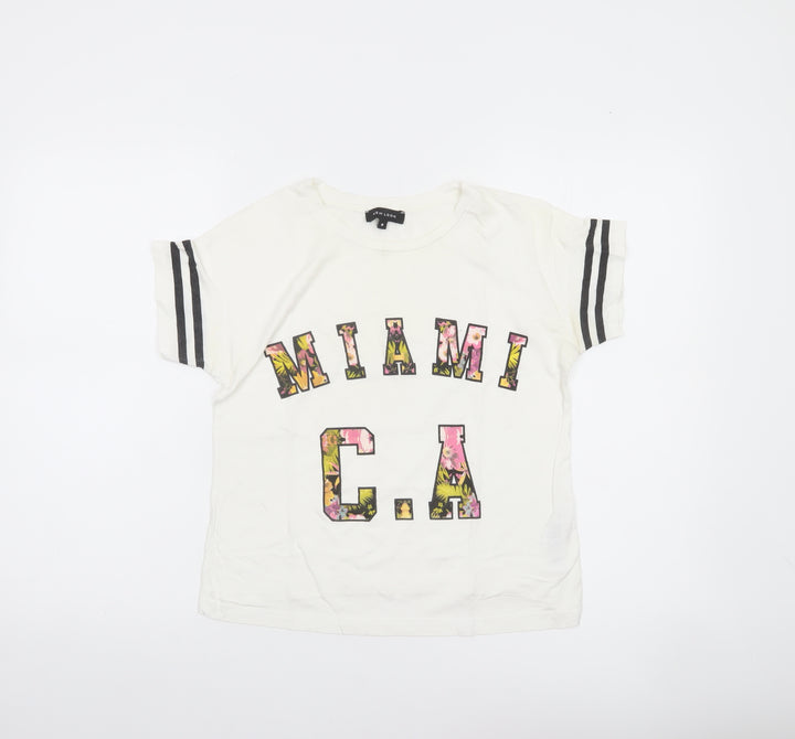 New Look Womens White Floral Print Miami CA T-Shirt Size 8