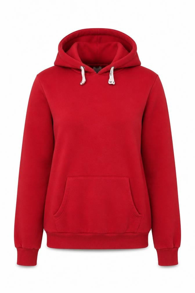 Front view of Hype women’s red pullover hoodie, size UK 12, cotton blend fleece