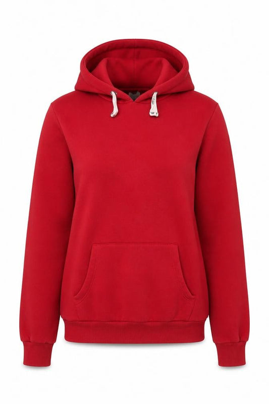 Front view of Hype women’s red pullover hoodie, size UK 12, cotton blend fleece