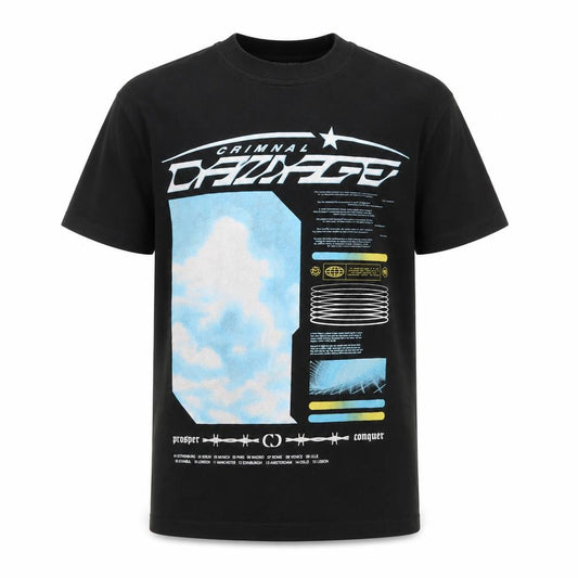 Front view of Criminal Damage Men’s Black Graphic Print T-Shirt, size S