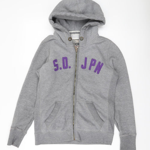 Superdry Womens Grey Full Zip Hoodie Medium with Logo Print