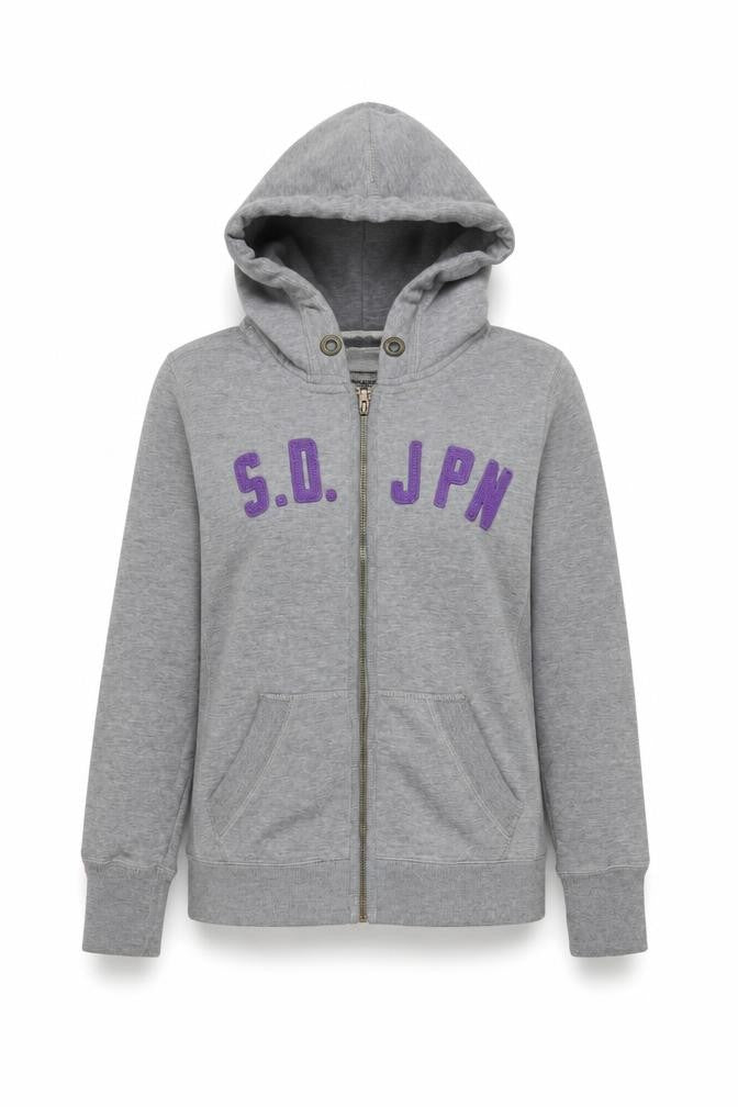Front view of Superdry women’s grey full zip hoodie medium with logo print