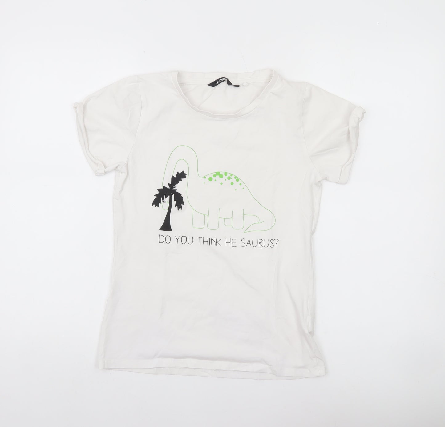 Golddigga Womens White Dinosaur Print T-Shirt Size 10