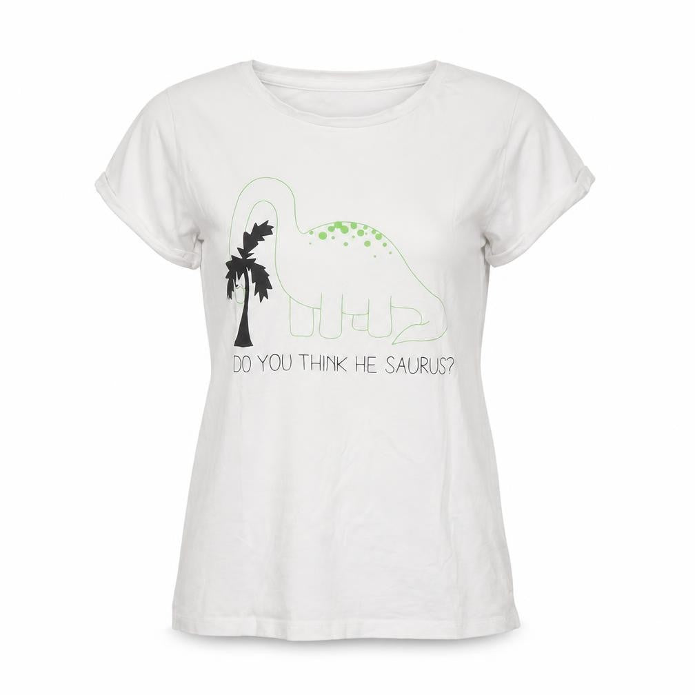 Front view of Golddigga women’s white dinosaur print t-shirt, size UK 10