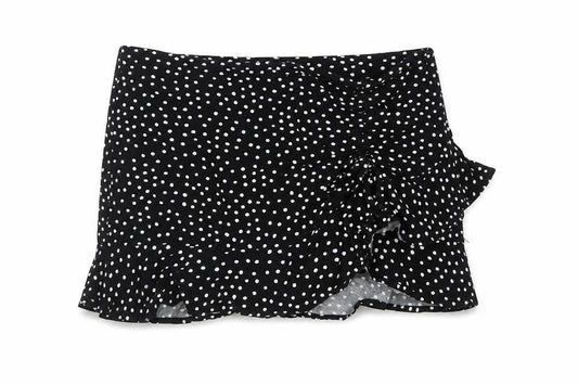 Front view of Stradivarius Women’s Black Polka Dot Wrap Ruffle Skirt, size UK 14