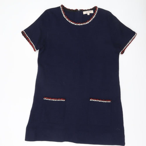 Derhy Women’s Blue Shift Dress L Short Sleeve Round Neck Workwear