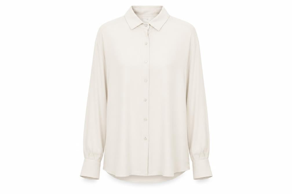Front view of Stills women’s ivory button-up shirt, size UK 10, long sleeve workwear