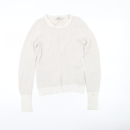Zara Women Ivory Knit Pullover Jumper Size 8 Crew Neck Long Sleeve