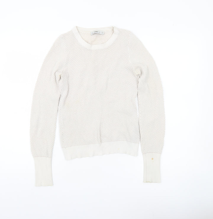 Zara Women Ivory Knit Pullover Jumper Size 8 Crew Neck Long Sleeve