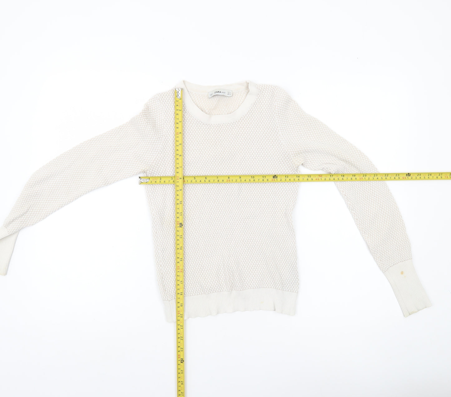 Zara Women Ivory Knit Pullover Jumper Size 8 Crew Neck Long Sleeve