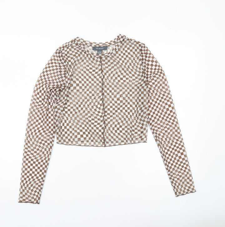 Primark Womens Brown Check Mesh Cropped Blouse UK 10 Slim Fit Long Sleeve