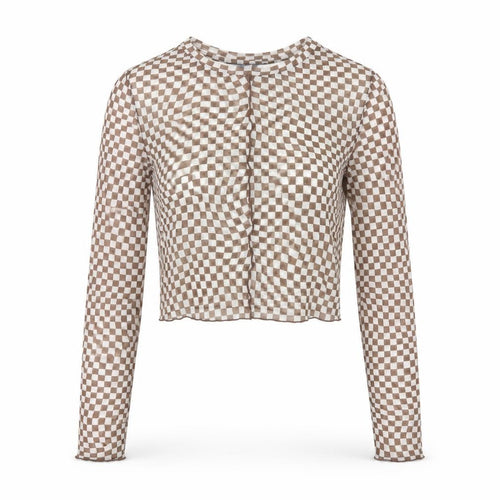 Primark Womens Brown Check Mesh Cropped Blouse UK 10 Slim Fit Long Sleeve